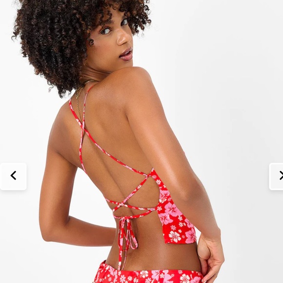 NWT Frankie’s Bikinis Macey Red Floral Satin Halter Strappy Back Tank Top - Picture 3 of 6